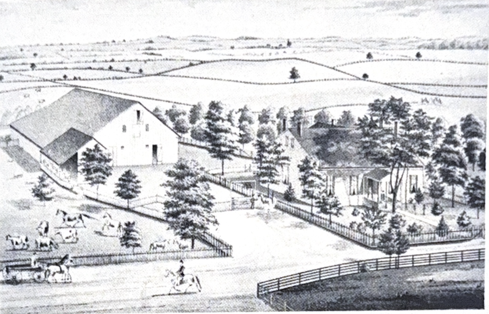 Detailed farm landscape illustration showing buildings, fields, and rural scenery